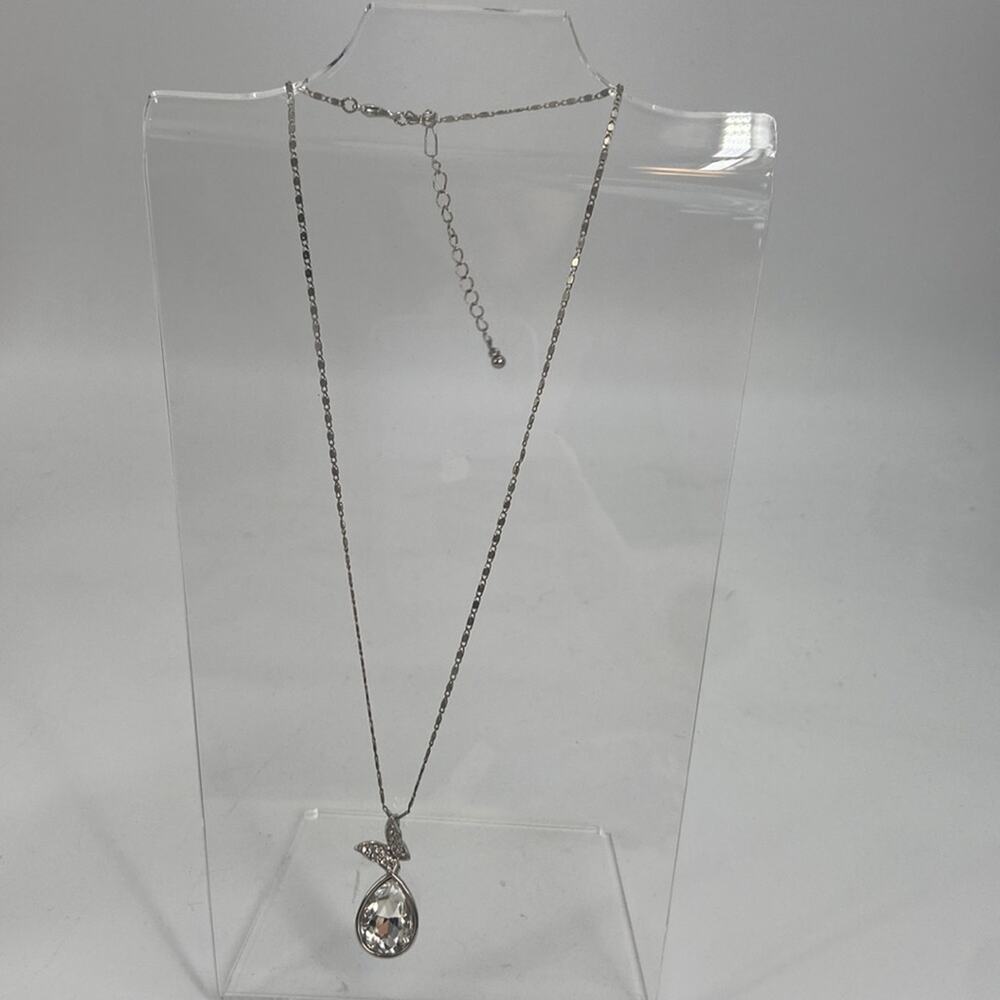Silvertone Butterfly CZ Pear shaped tear drop pendant necklace